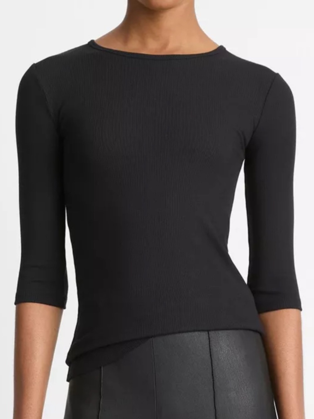 Vince Elbow Sleeve Classic Black Ribbed Crewneck Top S